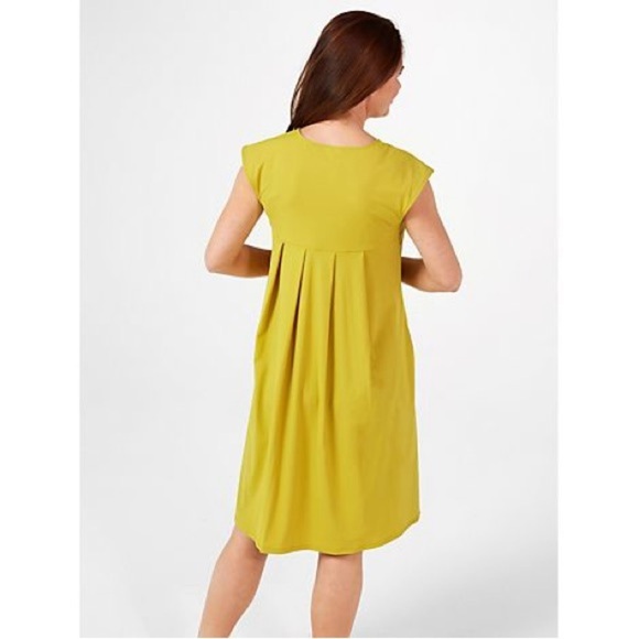 WynneLayers Stretch Tech Midi Pleat Back Dress 1X Chartreuse Pockets Fit Flare - Picture 2 of 6